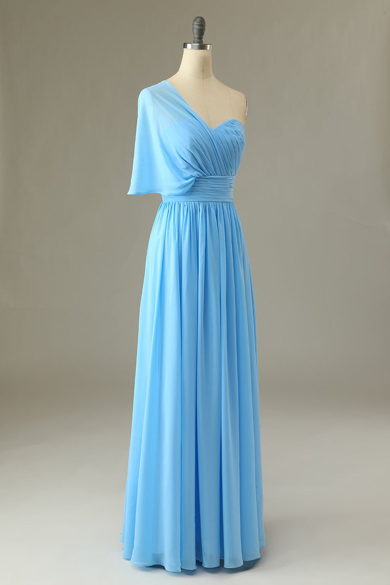 Cargar imagen en el visor de la galería, Vestido de dama de honor azul de un hombro
