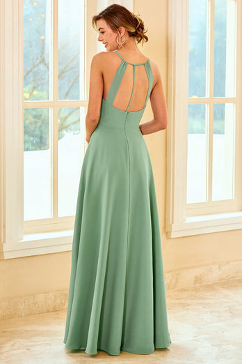 Vestido largo de dama de honor verde claro con hendidura