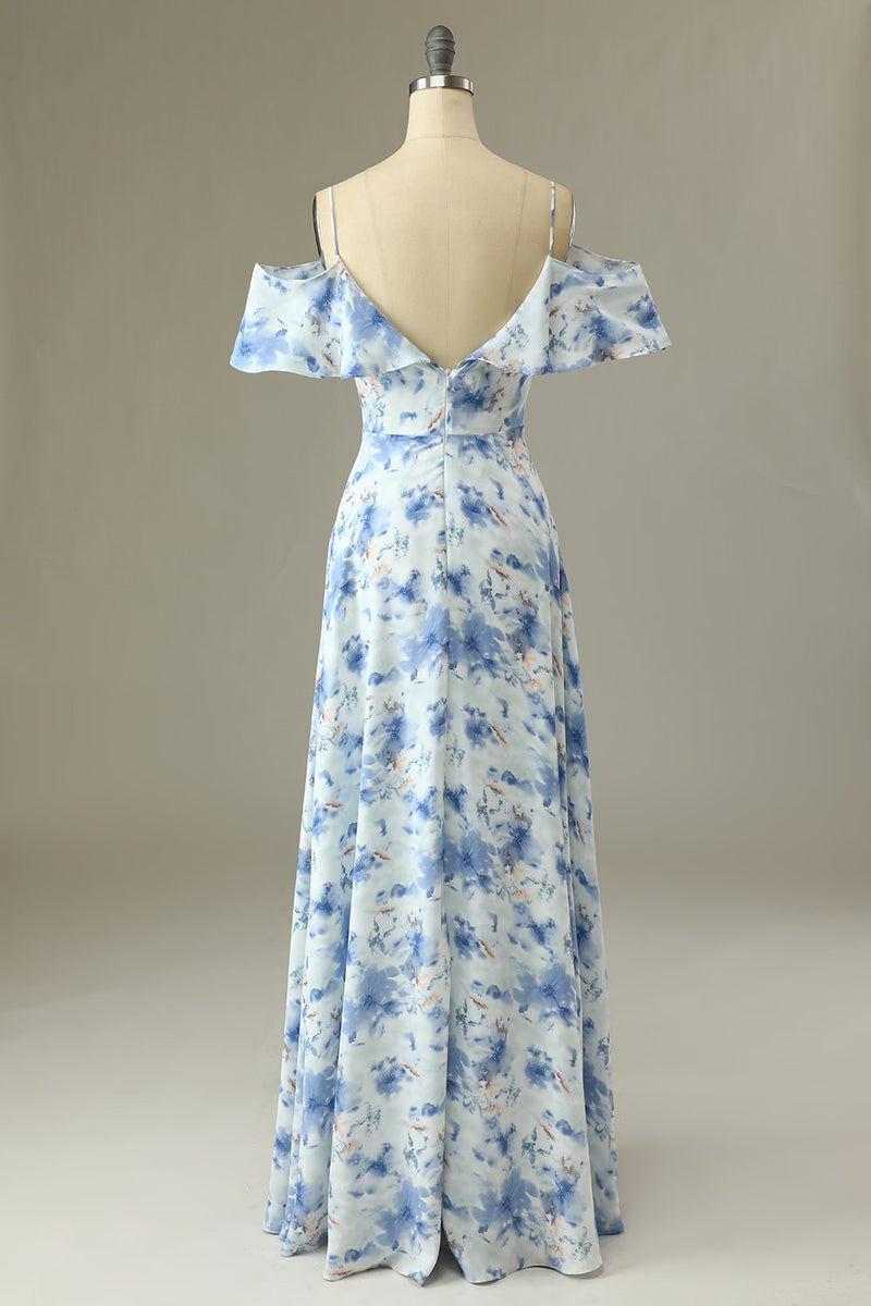 Cargar imagen en el visor de la galería, Una línea fuera del hombro azul estampado floral vestido largo de dama de honor