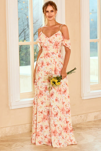 Estampado Blush Vestido de Dama de Honor con Volantes