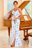 Cargar imagen en el visor de la galería, Sheath Spaghetti Straps Blue Floral Print Long Bridesmaid Dress with Split Front