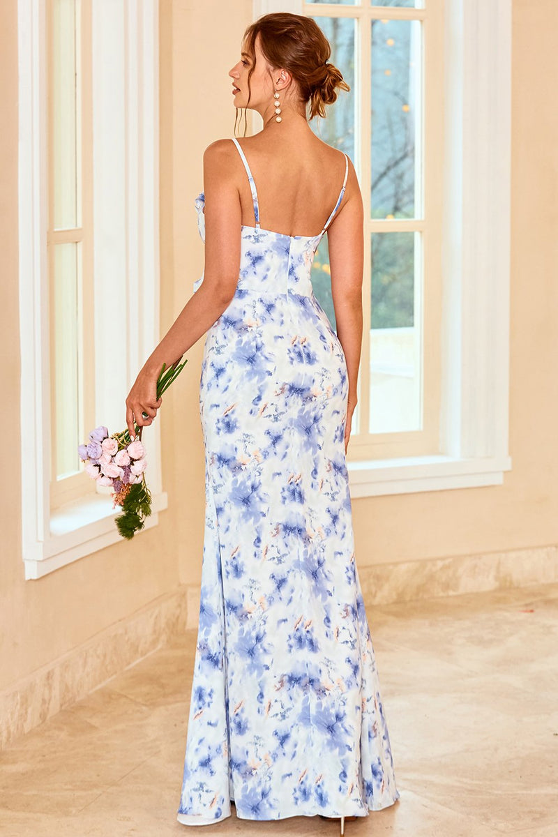 Cargar imagen en el visor de la galería, Sheath Spaghetti Straps Blue Floral Print Long Bridesmaid Dress with Split Front