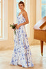 Cargar imagen en el visor de la galería, Tirantes de espagueti Blue Floral Print Vestido de dama de honor