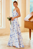 Tirantes de espagueti Blue Floral Print Vestido de dama de honor