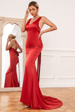 Sirena Cuello en V Rojo Largo Vestido de Dama de Honor