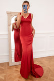 Sirena Cuello en V Rojo Largo Vestido de Dama de Honor