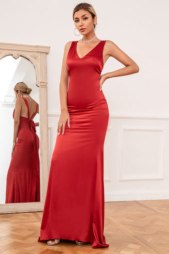 Sirena Cuello en V Rojo Largo Vestido de Dama de Honor