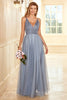 Cargar imagen en el visor de la galería, A Line Spaghetti Straps Gris Azul Largo Vestido de Dama de Honor
