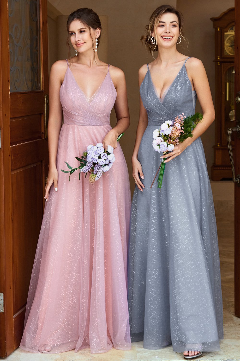 A Line Spaghetti Straps Gris Azul Largo Vestido de Dama de Honor