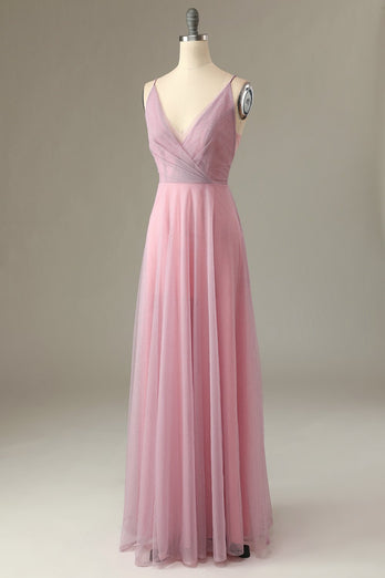 Una línea de tirantes de espagueti vestido de dama de honor gris rosa