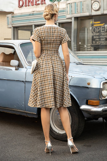 1950s Vestido Caqui A Cuadros