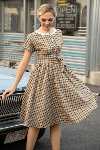 1950s Vestido Caqui A Cuadros