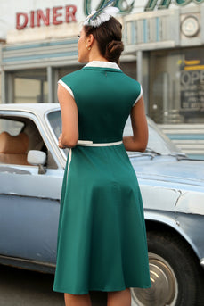 Cuello de solapa verde 1950s Vestido Swing con cinturón