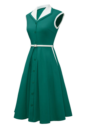 Cuello de solapa Verde Swing 1950s Vestido con cinturón