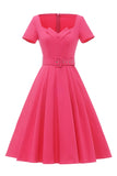 Fucsia Manga corta Vintage 1950s Vestido con cinturón