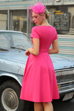 Fucsia Mangas cortas 1950s Vestido con cinturón