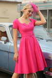 Fucsia Mangas cortas 1950s Vestido con cinturón