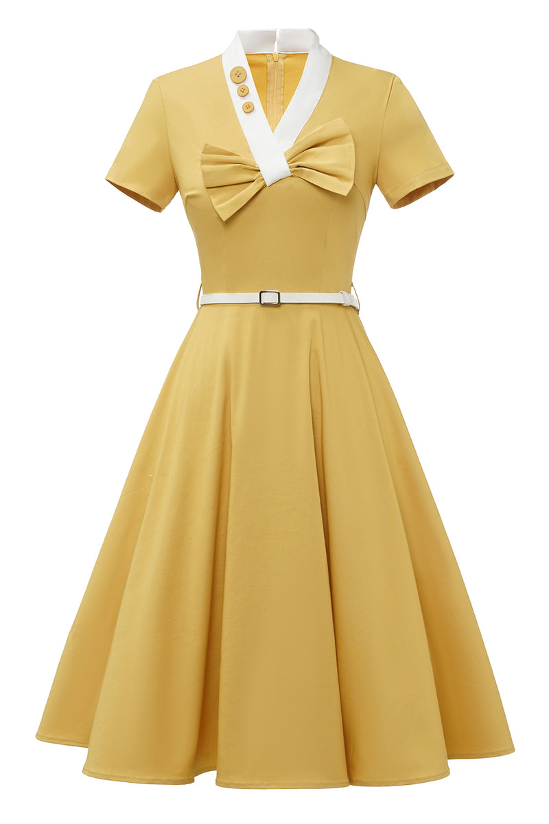 Cargar imagen en el visor de la galería, Vestido amarillo de estilo retro de la década de 1950 con lazo