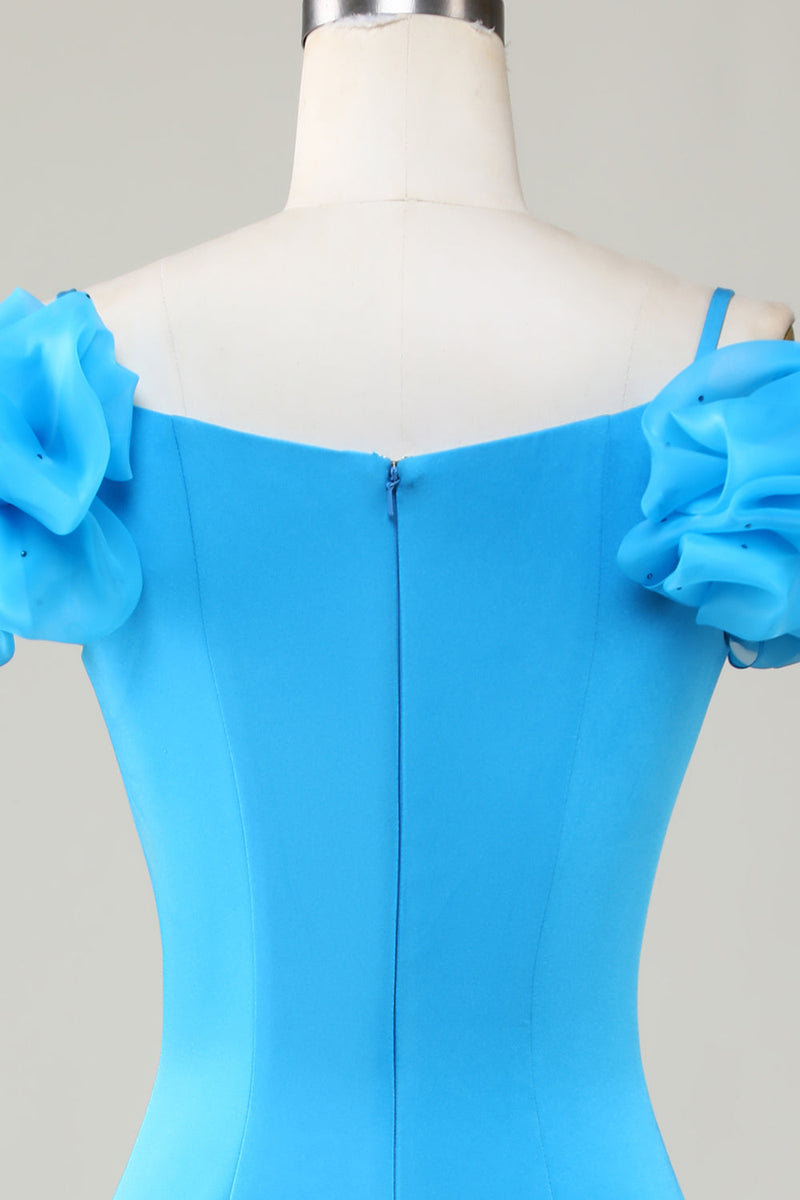 Cargar imagen en el visor de la galería, Bodycon Off the Shoulder Blue Short Homecoming Dress con volantes