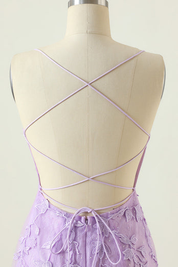 Vestido de cóctel púrpura sin espalda ajustado con apliques