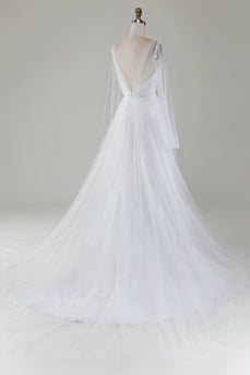 Vestido de novia de tul plisado con escote en V marfil y manga larga