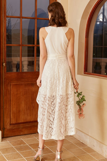 Vestido de fiesta blanco alto bajo con encaje sin mangas