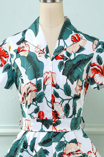 Retro V hoja de cuello impreso vestido vintage