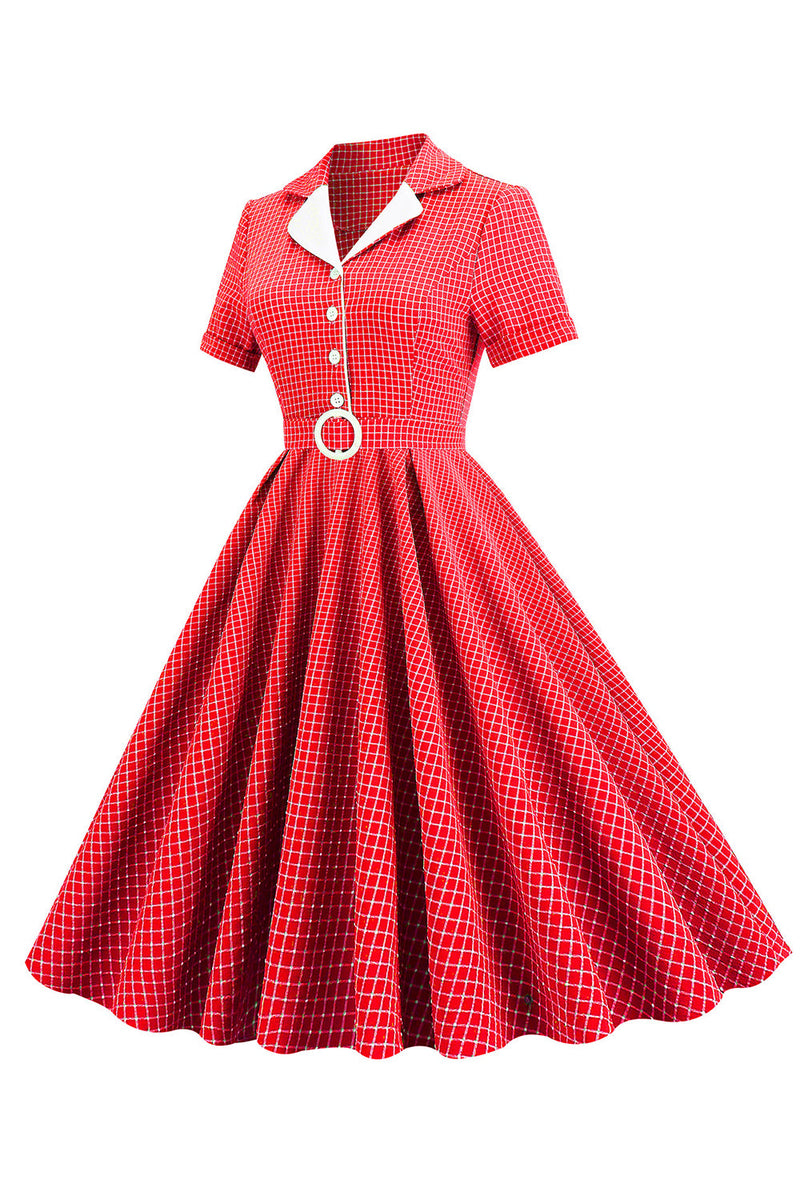 Cargar imagen en el visor de la galería, Vestido a cuadros rojos de estilo retro de la década de 1950