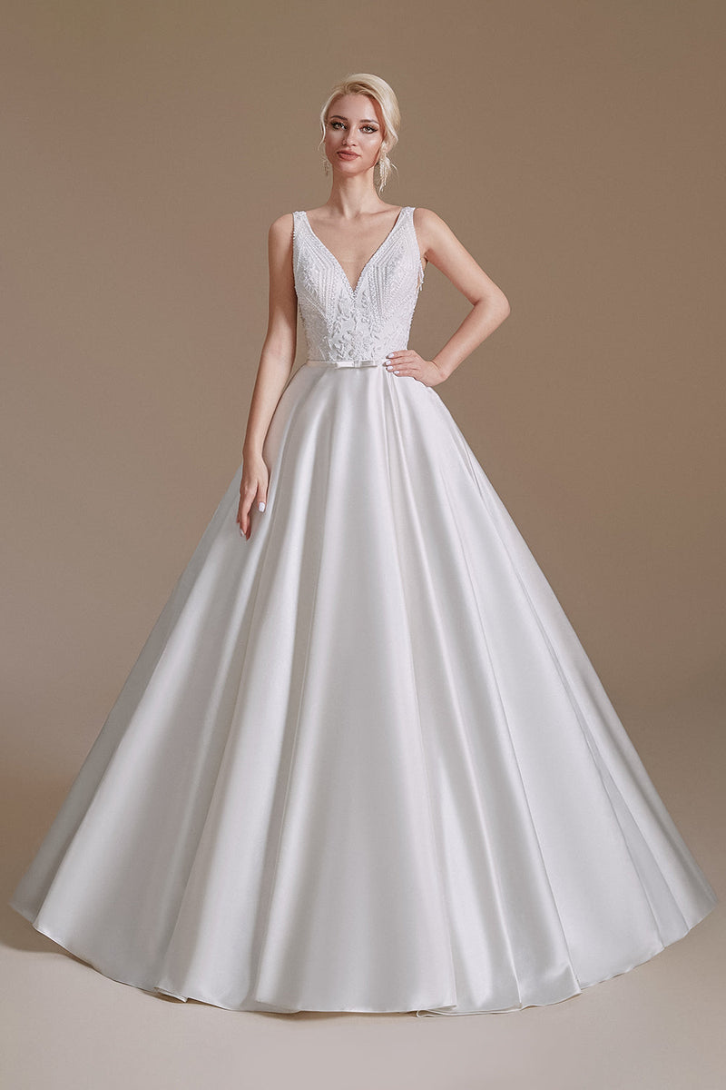 Cargar imagen en el visor de la galería, Vestido de novia blanco de cuello en V de línea A con encaje