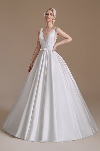 Vestido de novia blanco de cuello en V de línea A con encaje