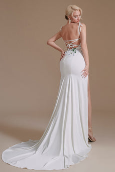 Vestido de novia blanco de sirena sin espalda con apliques