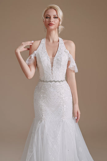 Vestido de novia blanco de sirena Halter Sweep Train con encaje