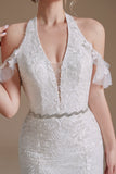 Vestido de novia blanco de sirena Halter Sweep Train con encaje