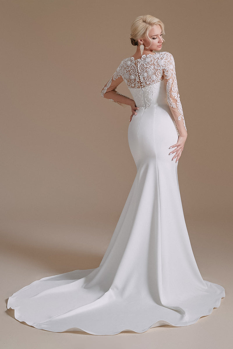 Cargar imagen en el visor de la galería, Sirena manga larga Sweep Train Vestido blanco de novia con encaje