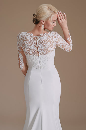 Sirena manga larga Sweep Train Vestido blanco de novia con encaje