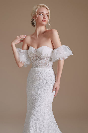 Encaje sirena mangas de hojaldre desmontables Barrer tren Vestido blanco de novia