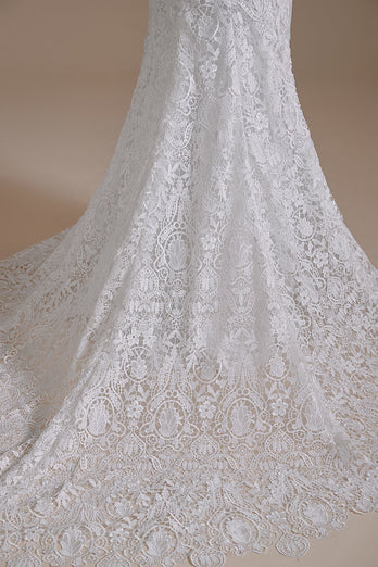 Encaje sirena mangas de hojaldre desmontables Barrer tren Vestido blanco de novia