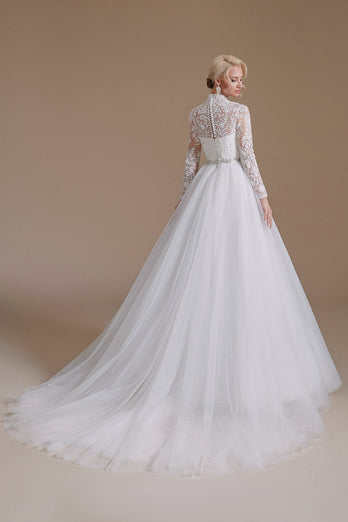 Blanco Corte A Cuello Alto Manga Larga Vestido de Novia con Encaje