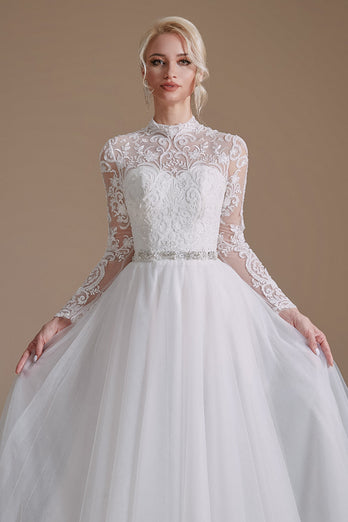Blanco Corte A Cuello Alto Manga Larga Vestido de Novia con Encaje