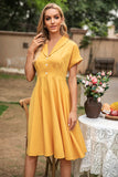 Elegante vestido vintage de cuello V amarillo