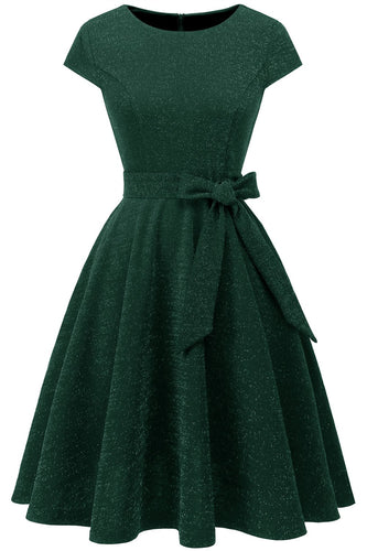 Vestido verde oscuro vintage de la década de 1950 con faja