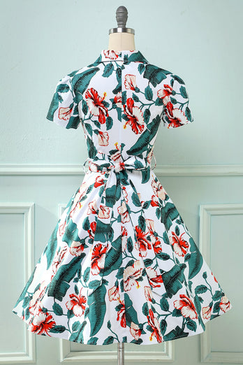 Retro V hoja de cuello impreso vestido vintage
