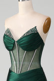 Vestido de fiesta plisado de sirena con corsé sin tirantes con escote en V verde oscuro