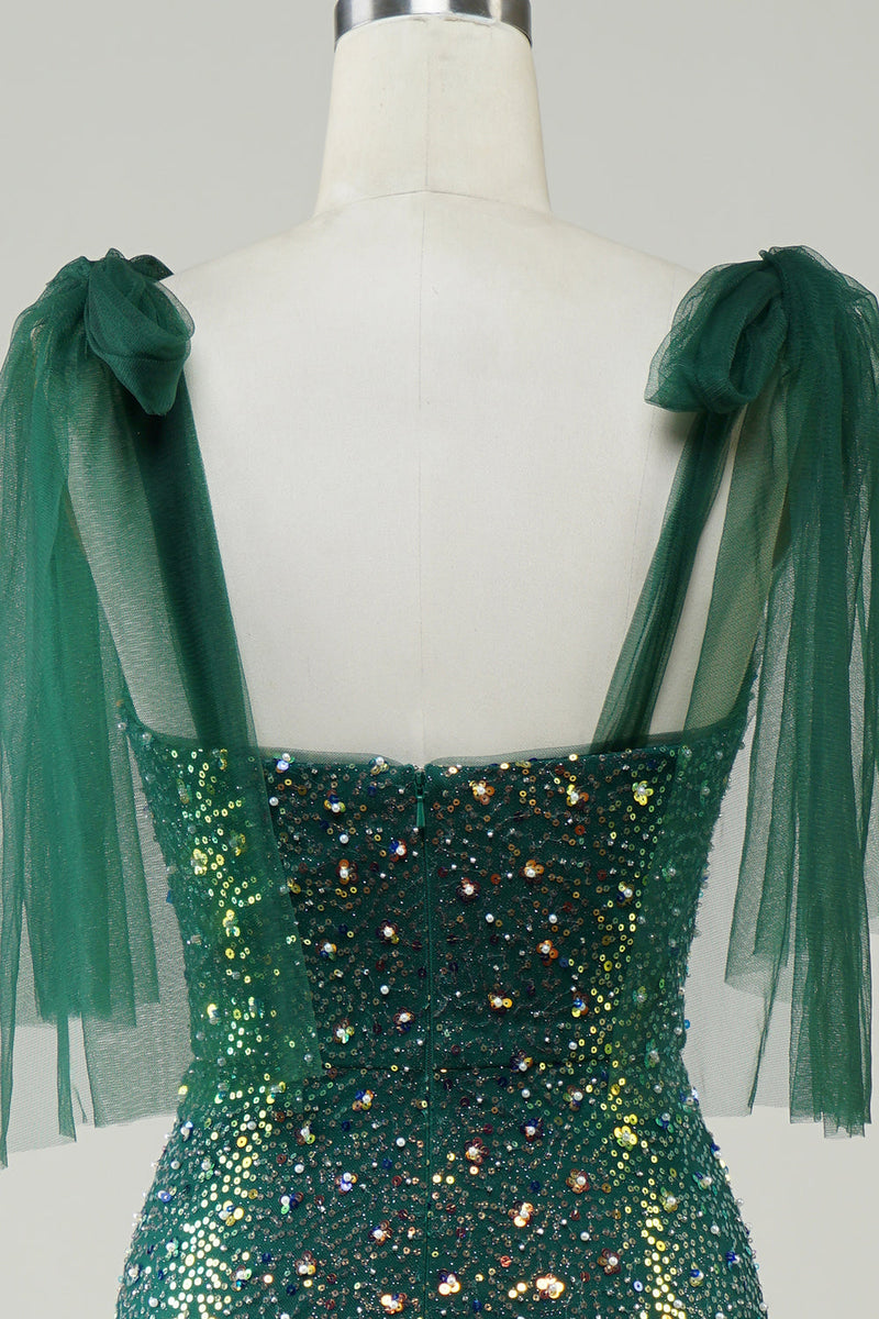 Cargar imagen en el visor de la galería, Brillante verde oscuro sirena lentejuelas largo vestido de graduación con hendidura