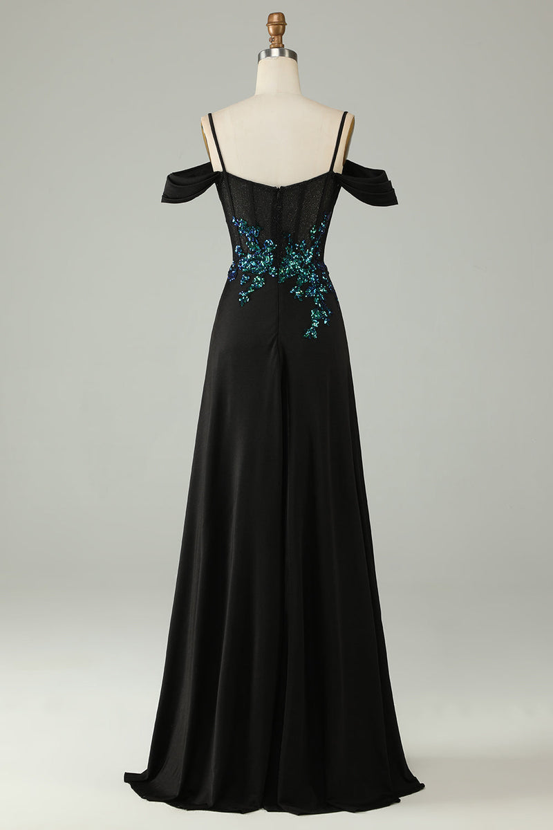 Cargar imagen en el visor de la galería, Cold Shoulder Black Selents Corset Long Prom Dress