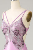 Purple Mermaid Backless Spaghetti Straps Butterflies Prom Dress