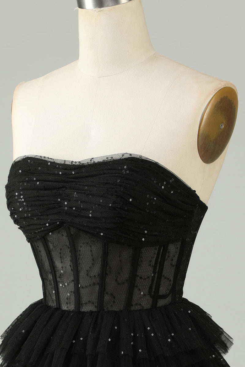 Cargar imagen en el visor de la galería, Black A Line Strapless Open Back Corset Homecoming Dress