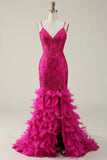 Fucsia Tirantes de Espagueti Sirena Vestido Formal Con Plumas