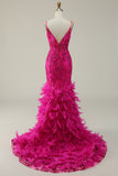 Fucsia Tirantes de Espagueti Sirena Vestido Formal Con Plumas