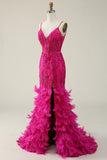 Fucsia Tirantes de Espagueti Sirena Vestido Formal Con Plumas